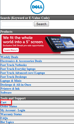 Dell’s shopping cart, in an obscure location in a list of options